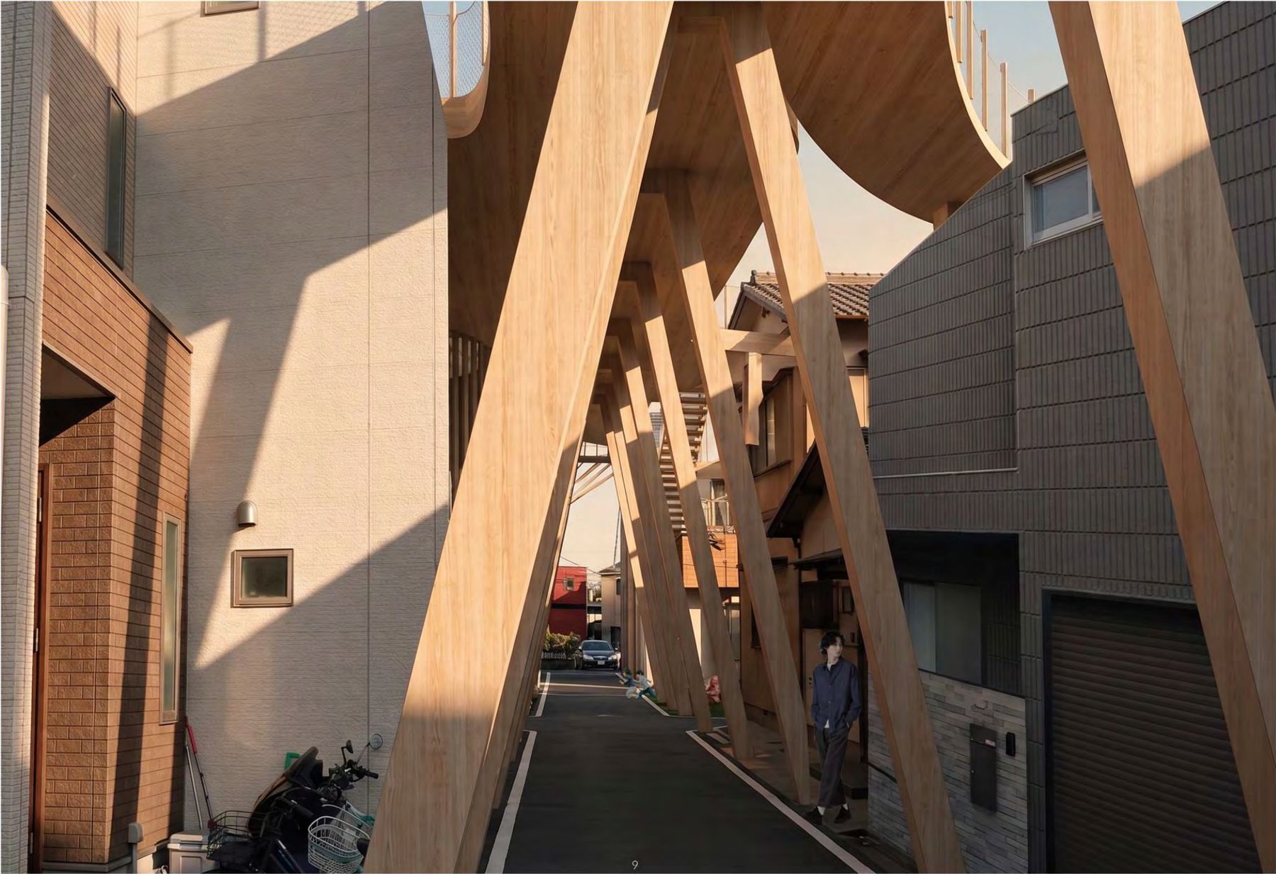 View through the timber V-column structure at street level, between existing houses