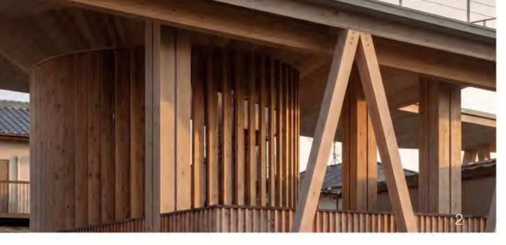 Close-up rendering of the timber V-columns and curved balcony where the platform meets an existing house