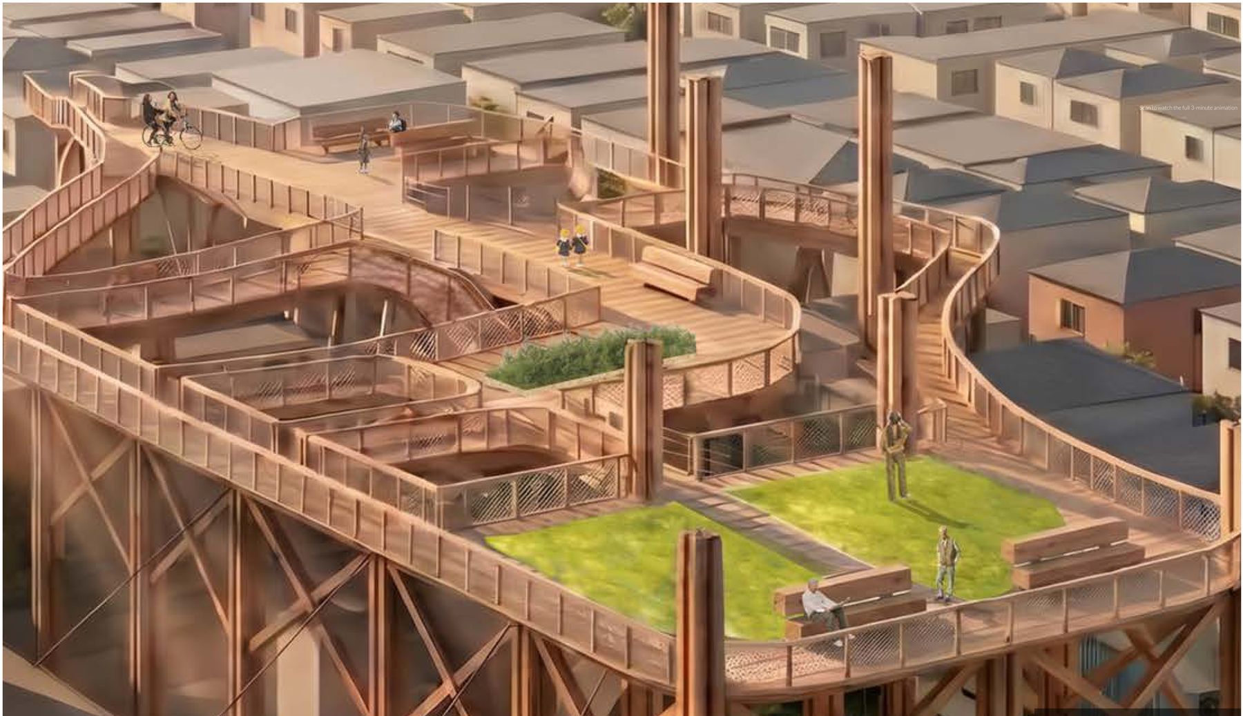 Aerial rendering of the elevated timber platform winding above a residential neighborhood