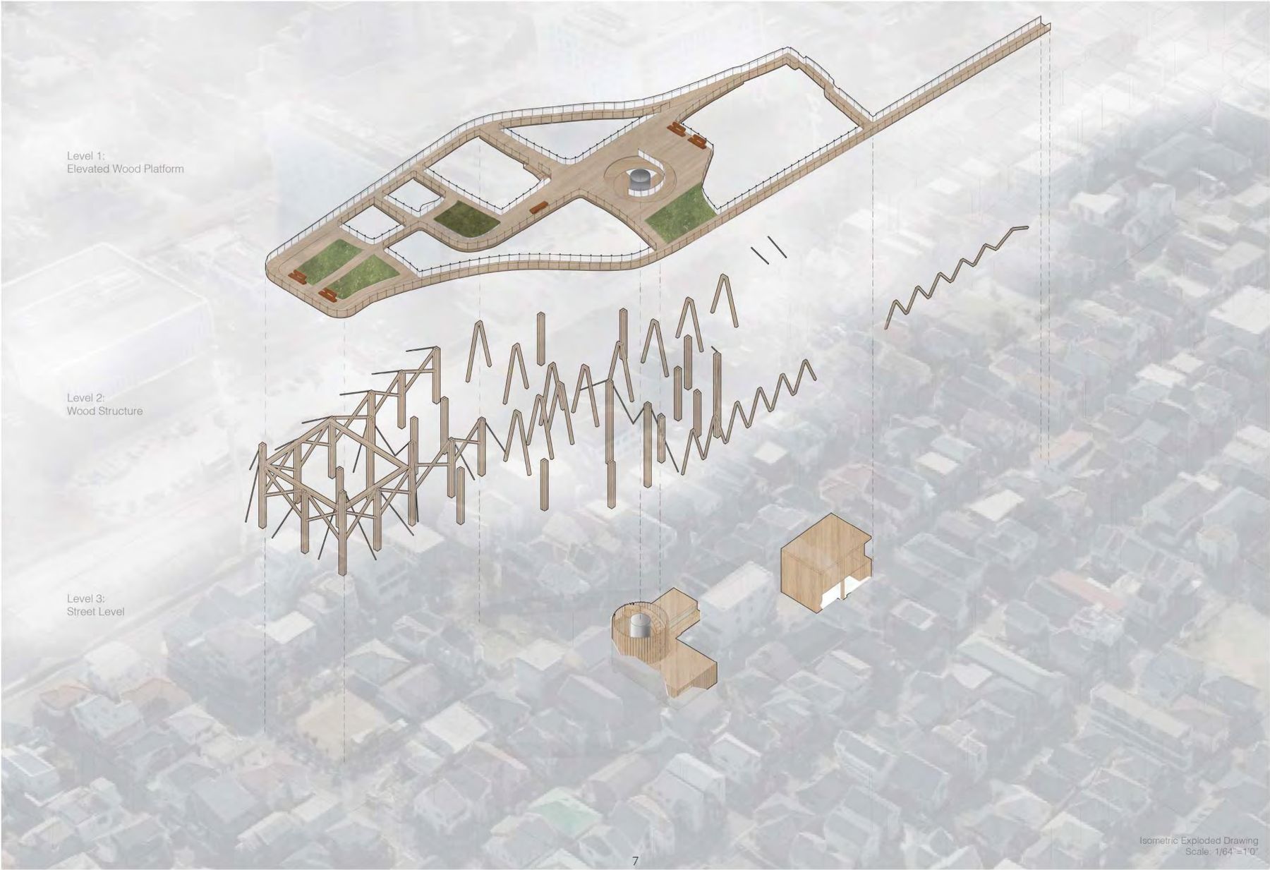 Isometric exploded drawing showing the elevated wood platform, wood structure, and street level
