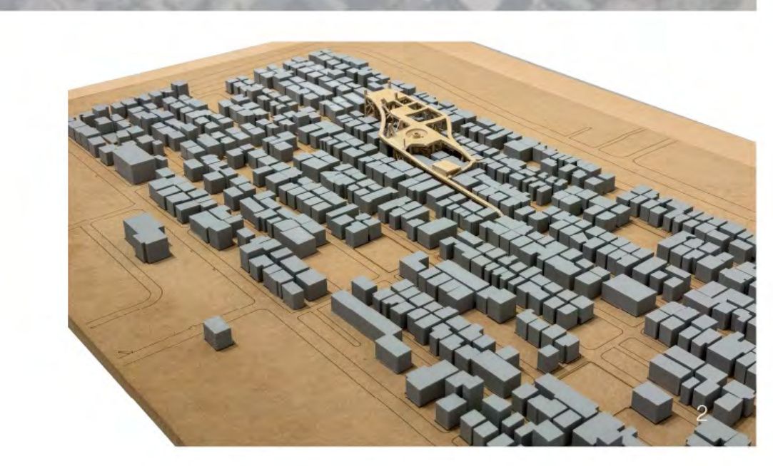Physical model of the whole community with the elevated platform highlighted in wood