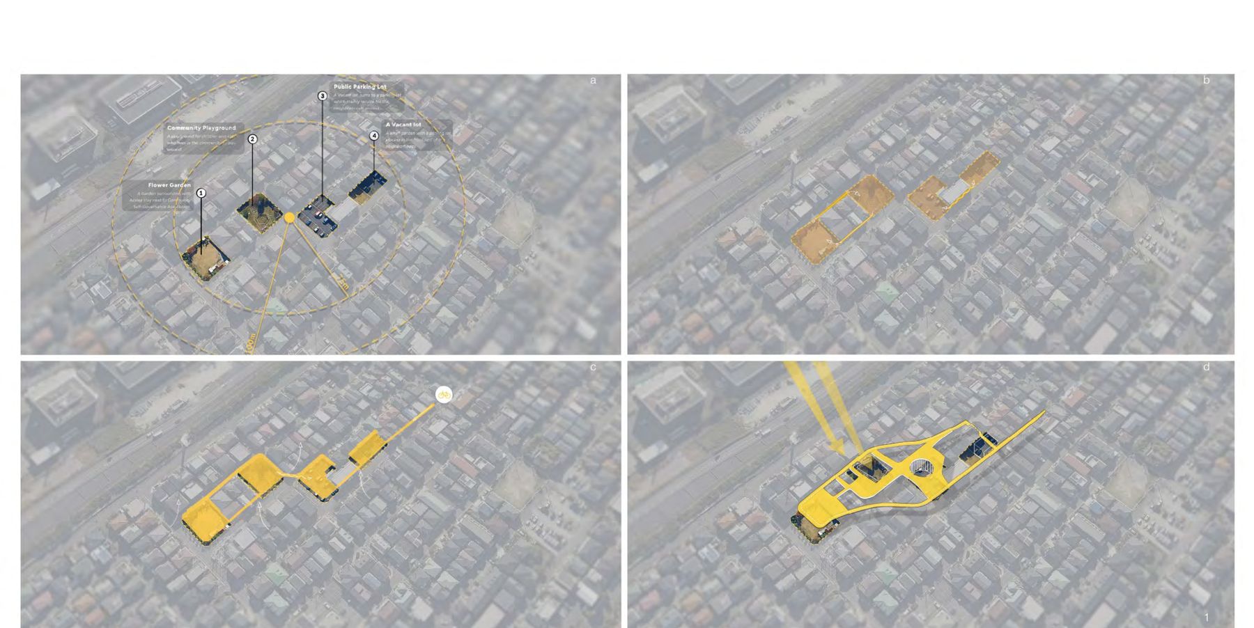 Four-step design process diagram: locating the four open lots, defining their footprints, connecting them with a path, and lifting the platform above