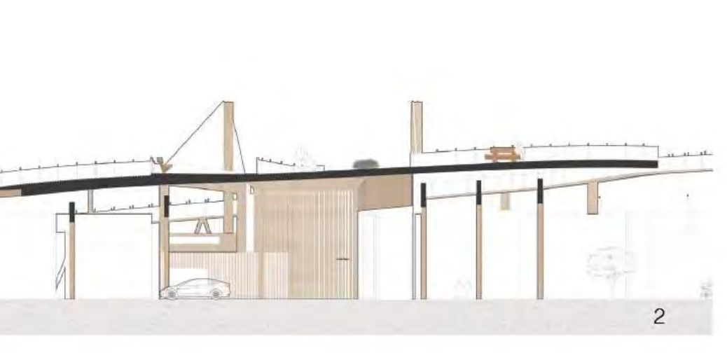 Section drawing of the platform showing its relationship to the community buildings below