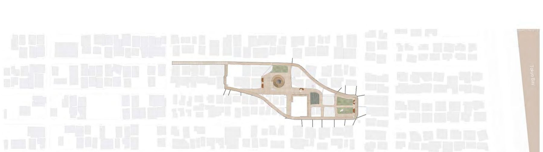 Plan of the elevated platform showing its winding path, garden pockets, and central skylight