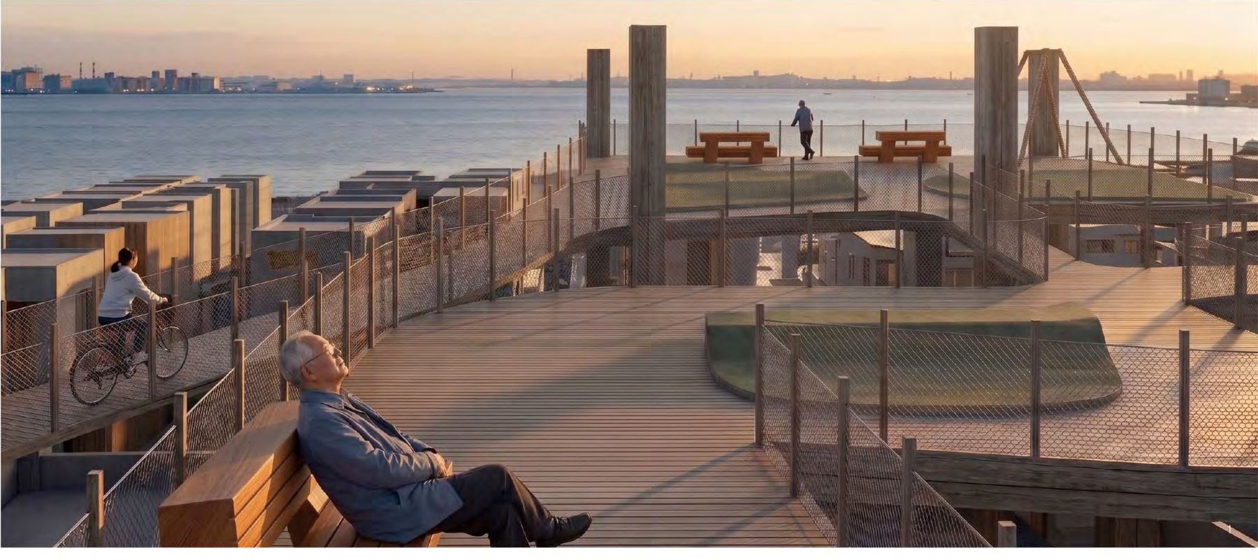 Residents on the elevated timber platform at dusk, looking out over Tokyo Bay