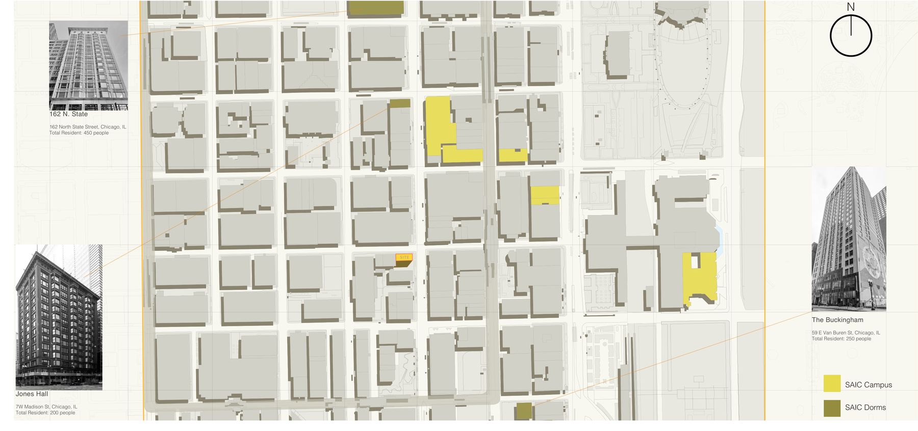 Site map of the SAIC campus with photos of 162 N. State, Jones Hall, and The Buckingham dorm, and the Century Building site highlighted