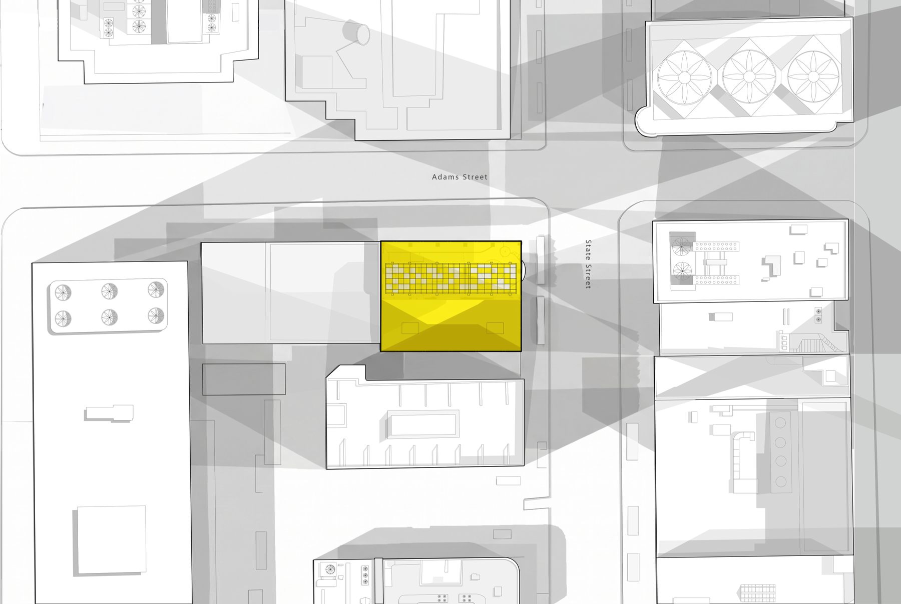 Sun and shadow analysis diagram showing daylight reaching the atrium opening on the roof
