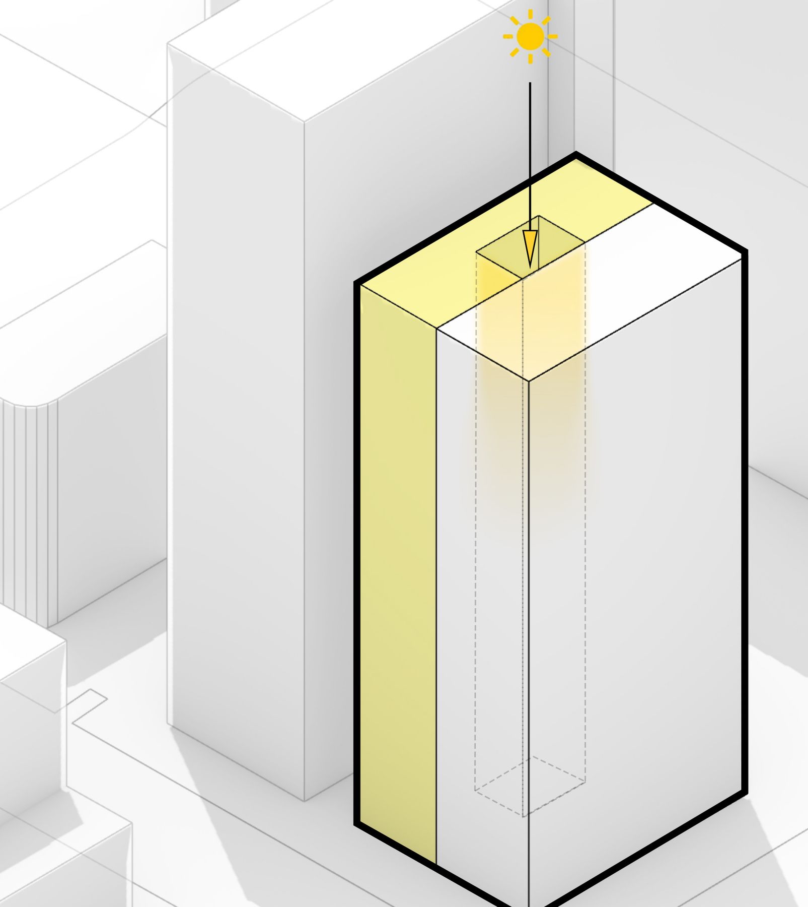 Massing step c: a shaft cut through the roof and down through the building, with sunlight entering
