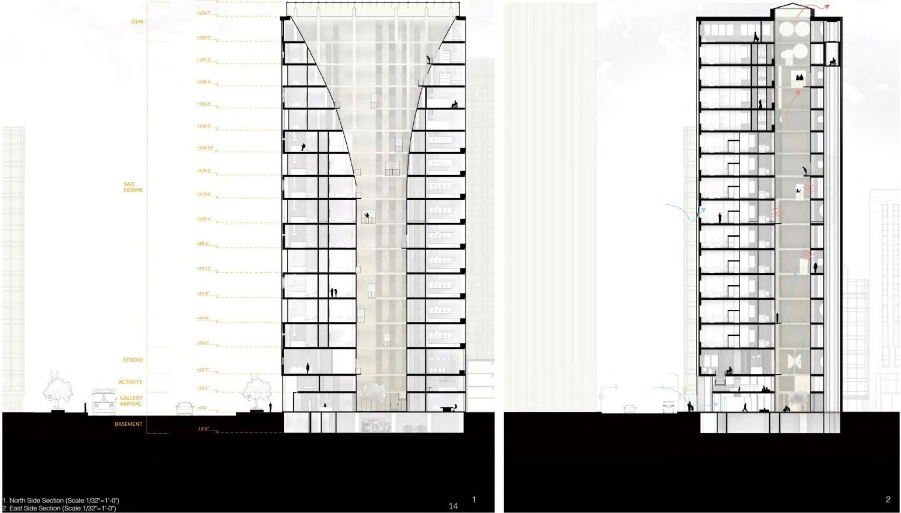 North and east building sections showing the atrium, dorm floors, and ground-floor program