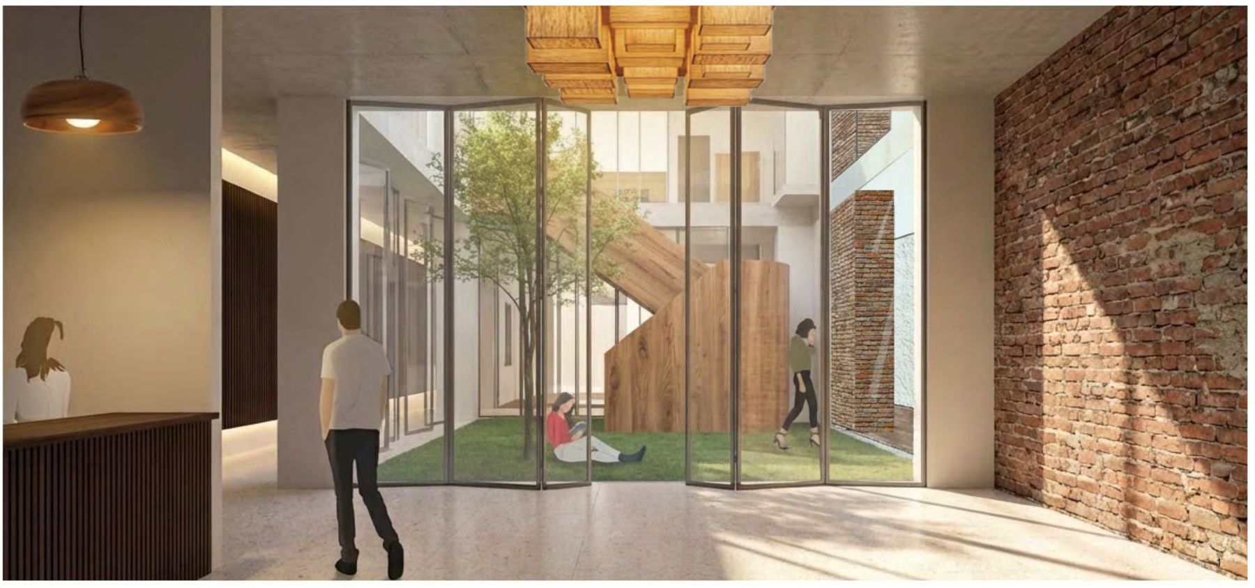 Rendering of the entry lobby looking into the atrium courtyard, with exposed brick and a folded wood stair