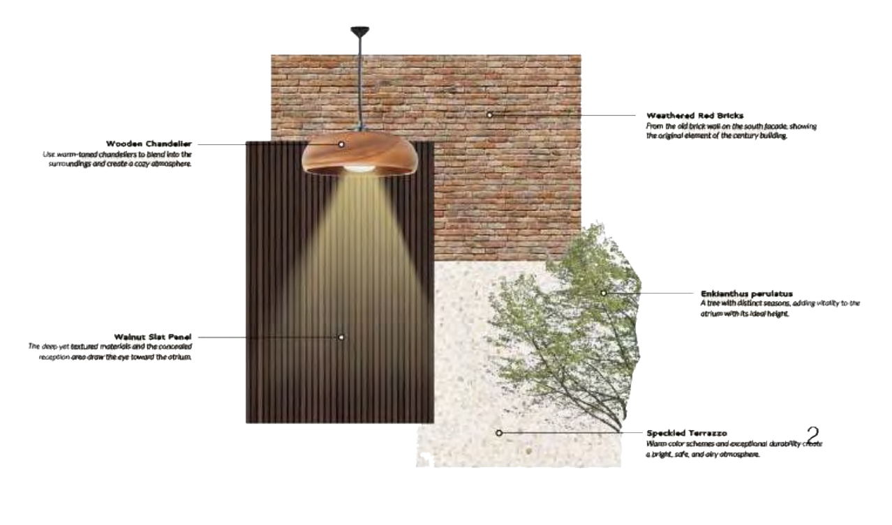 Material board for the lobby: weathered red brick, walnut slat panel, wooden chandelier, speckled terrazzo