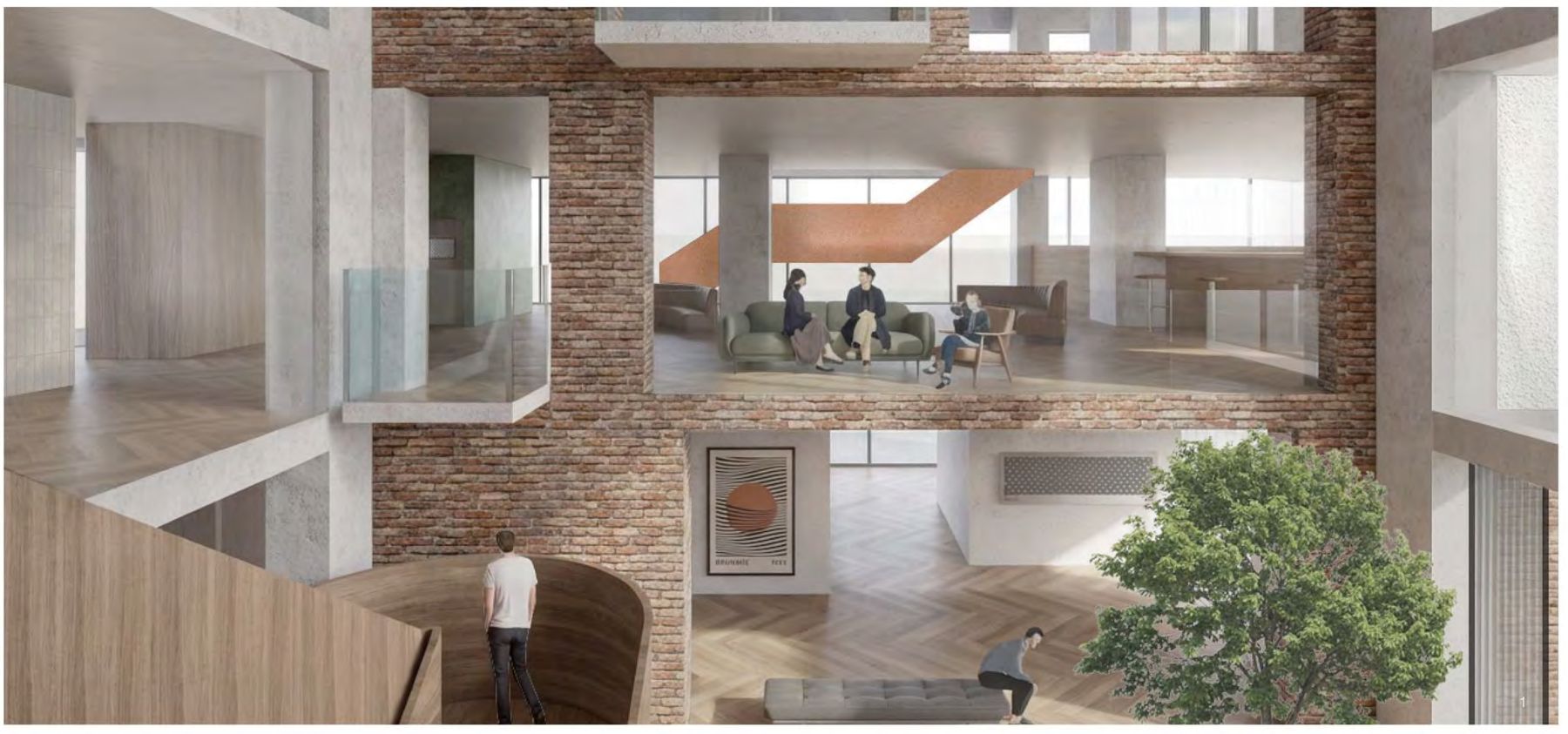 Rendering of an upper-floor atrium lounge with brick walls and hanging textile artwork