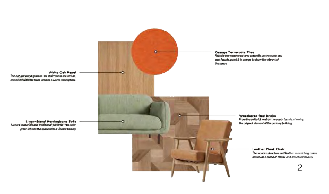 Material board for the atrium lounge: white oak panel, linen-blend herringbone sofa, leather plank chair, orange terra-cotta tile
