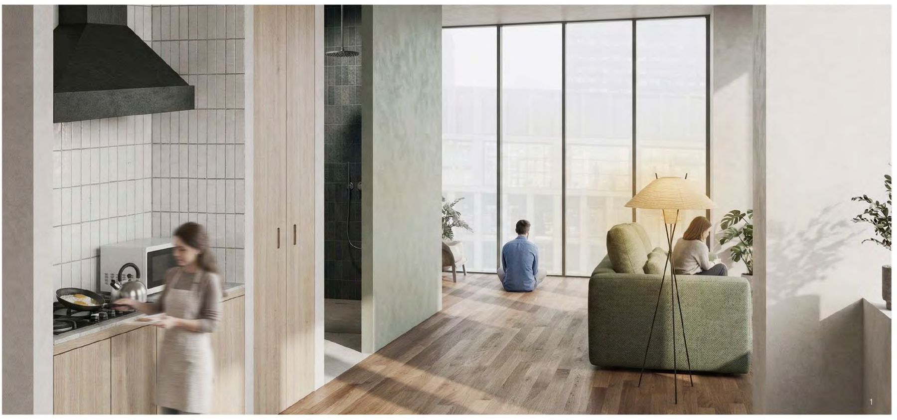 Rendering of a triple dormitory room looking out toward the atrium, with a kitchenette in the foreground
