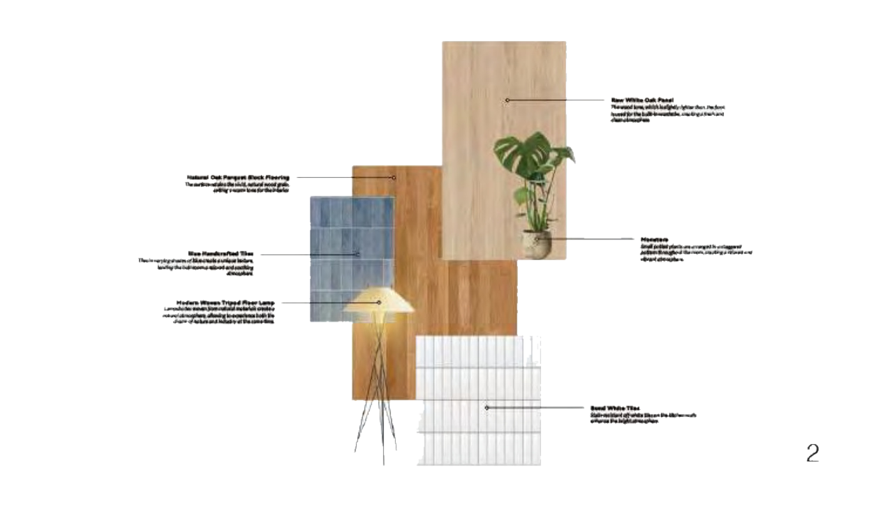 Material board for the dorm room: raw white oak panel, natural oak parquet flooring, blue handcrafted tile, bond white tile