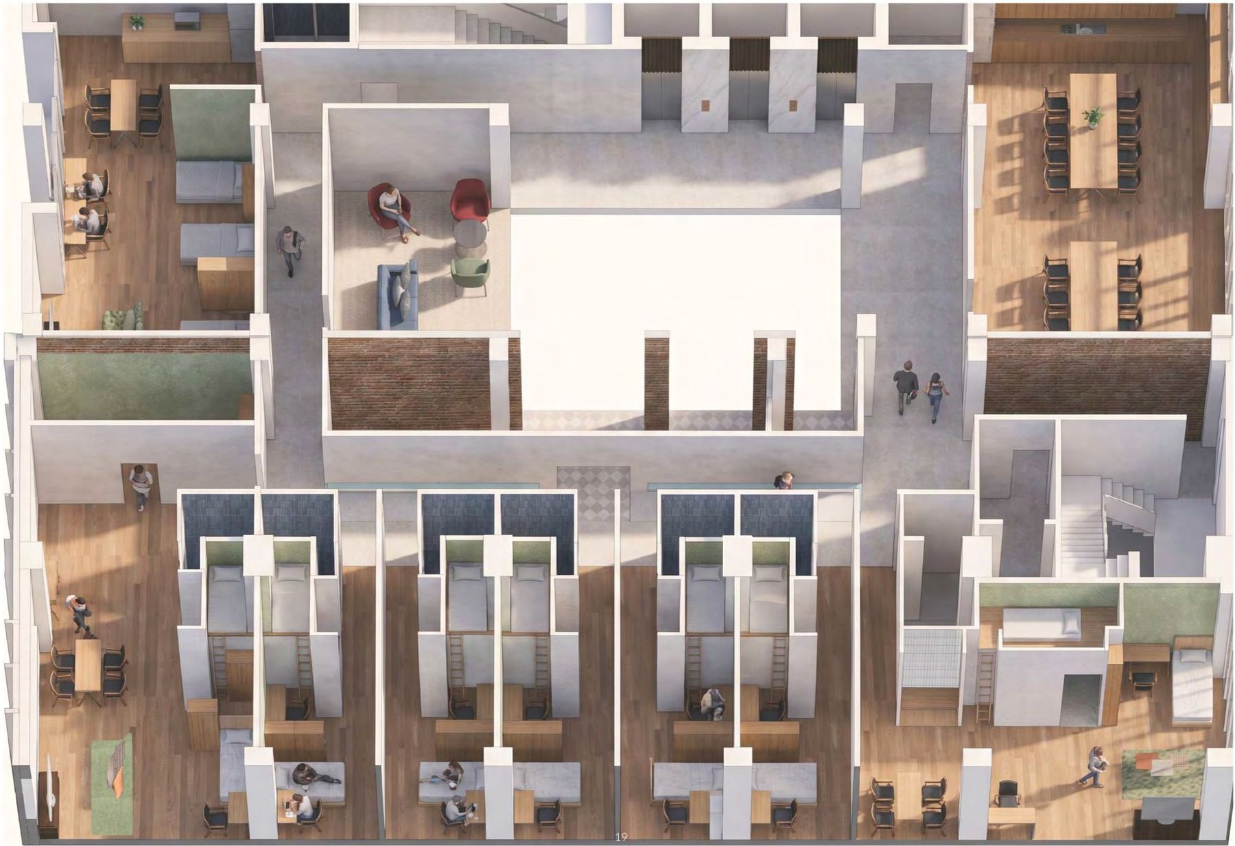 Cutaway isometric rendering of a full residential floor showing lounges, dorm rooms, and shared kitchens