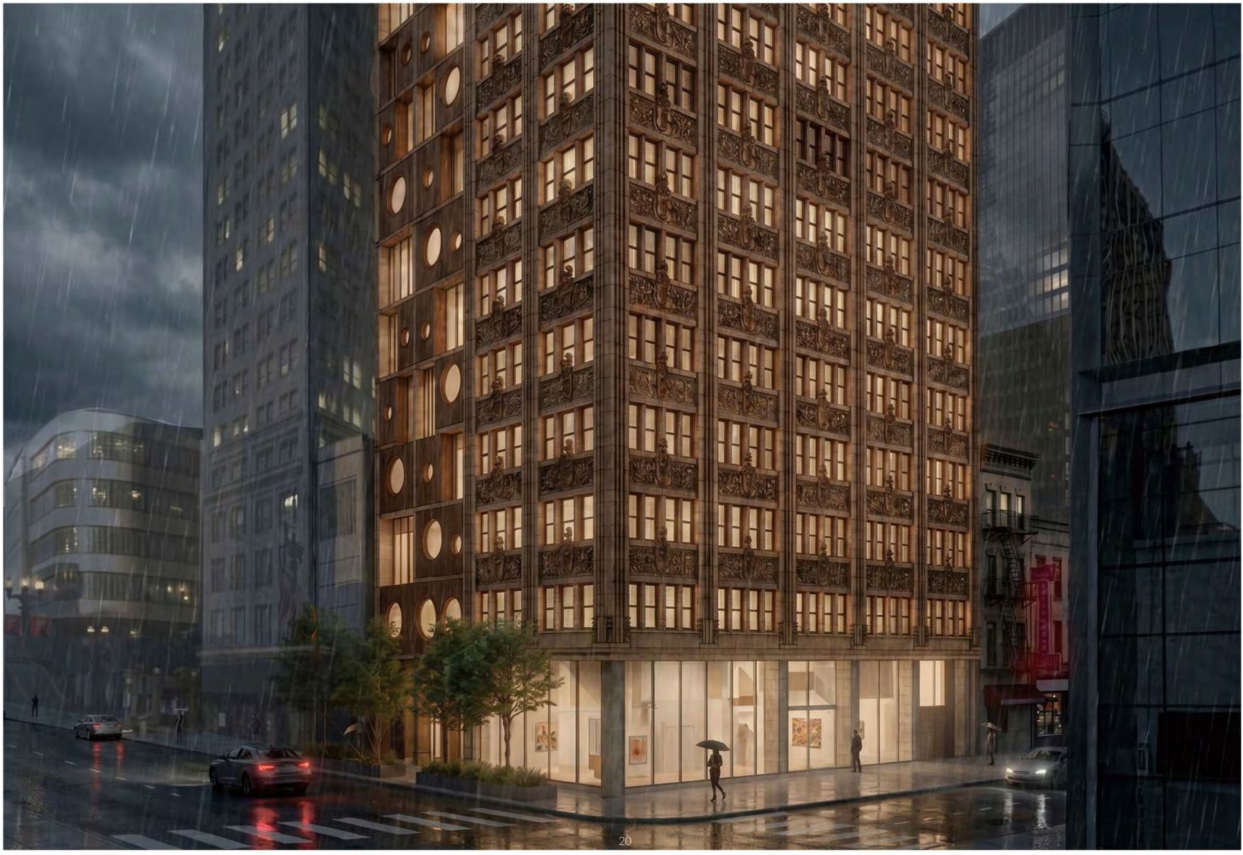 Night exterior rendering of the restored terra-cotta facade in the rain, with a lit gallery at street level