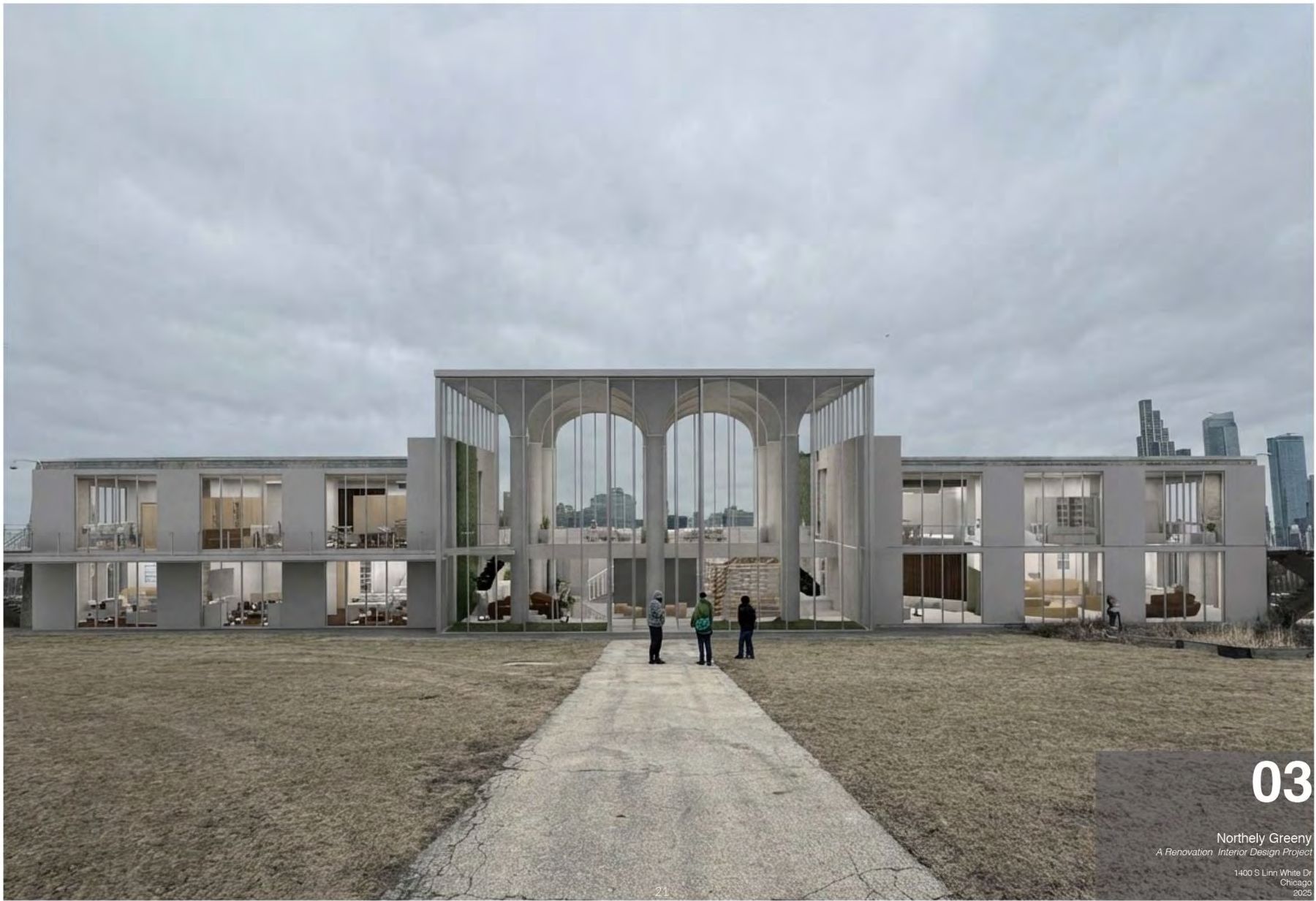 Exterior rendering of the renovated former airport terminal at Northerly Green