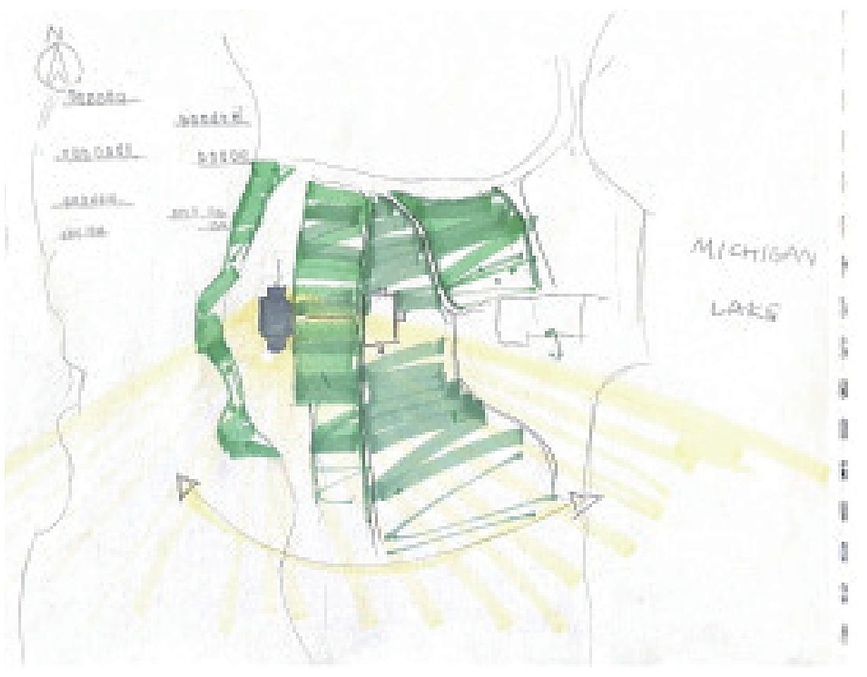 Hand sketch of the atrium's folded green stair and skylight, with sun angles studied toward Michigan Lake