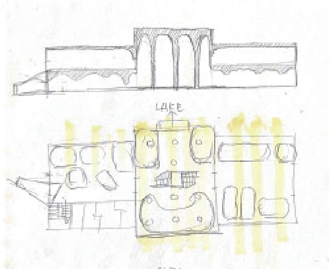 Hand sketch of a building section with arched skylight monitor, and a plan diagram marking sun-washed lounge zones