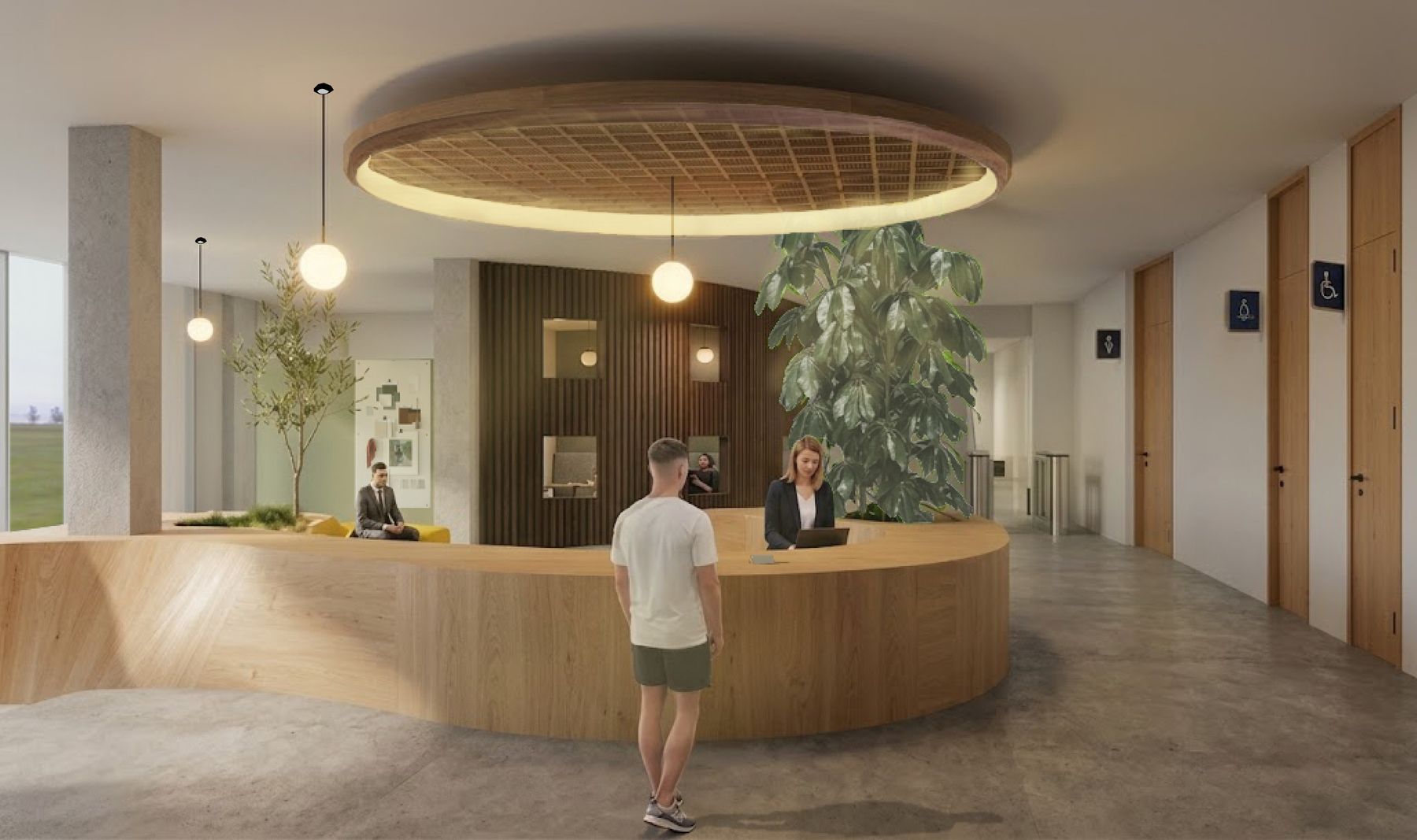 Rendering of the front desk reception area with a circular wood ceiling feature and an olive tree