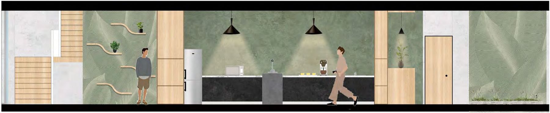 Interior elevation of the office kitchenette with green plaster walls and floating wood shelves