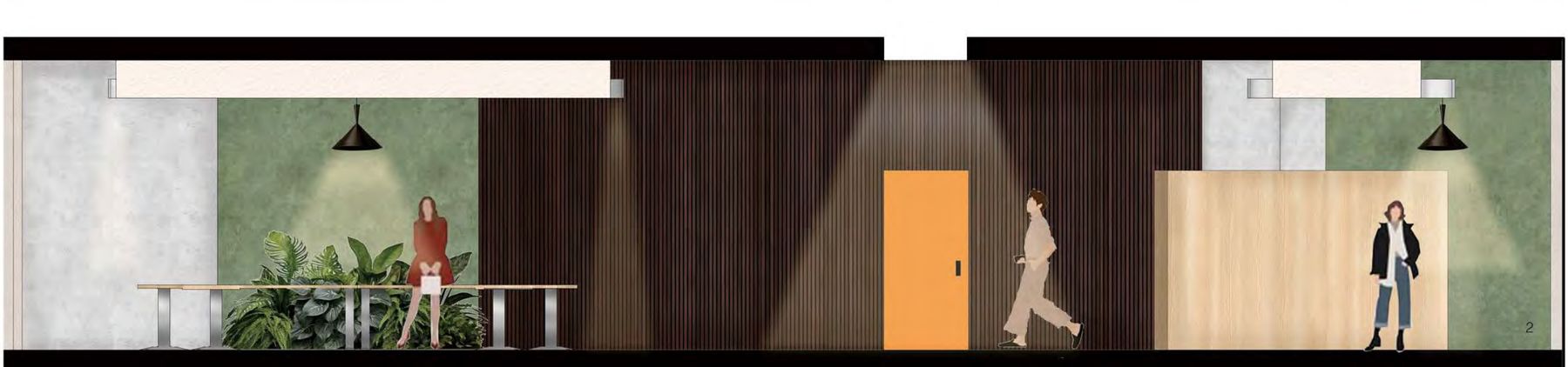 Interior elevation of the meeting room corridor with dark wood slats and a lacquered orange door