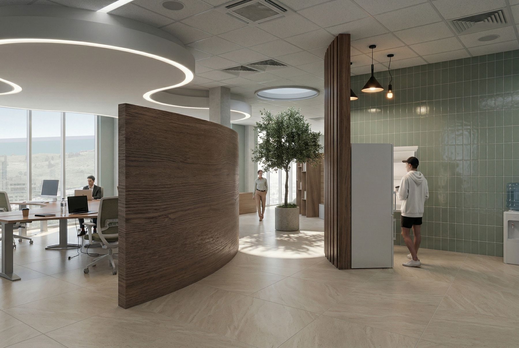 Rendering of an office workstation area with lake views, a curved wood partition, and an olive tree