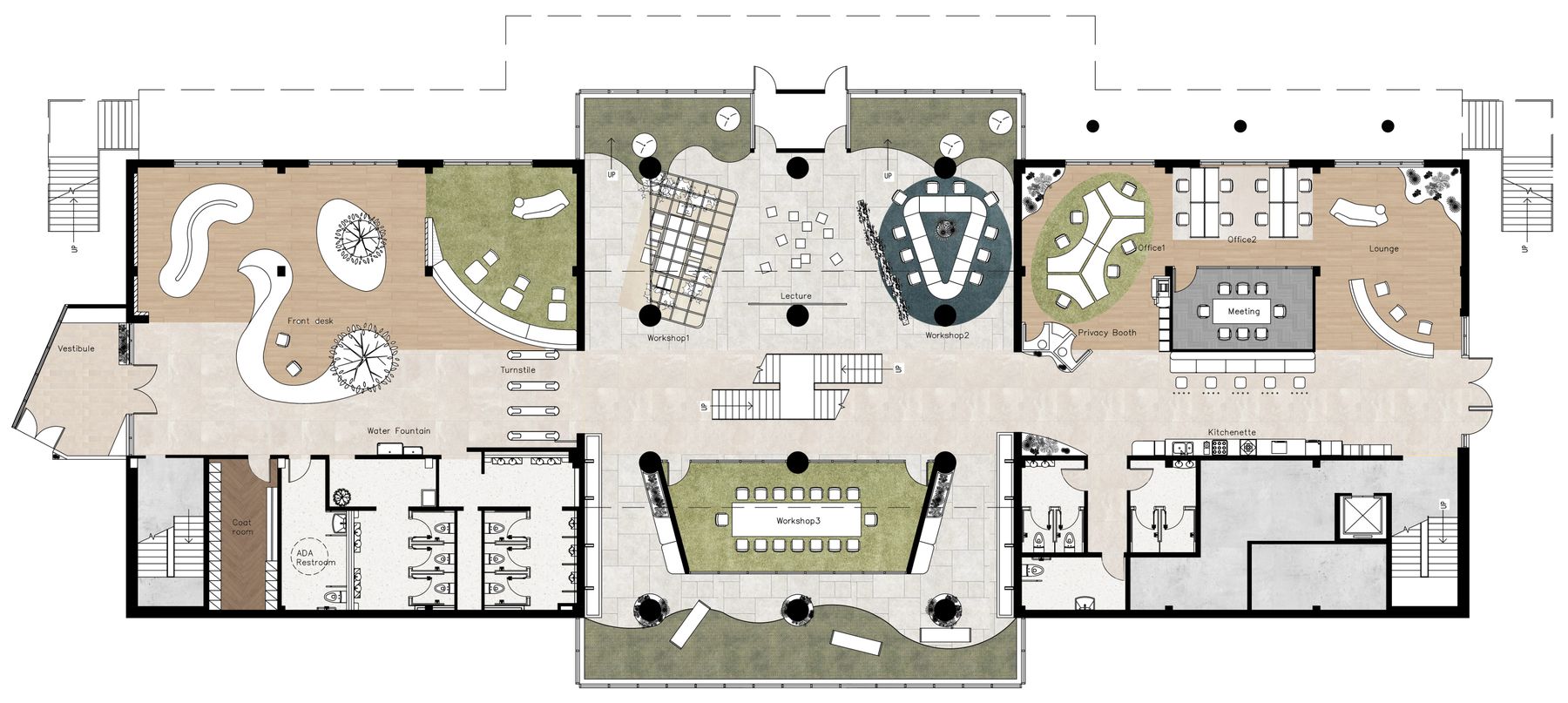 First floor plan showing reception, workshop spaces, meeting room, and offices