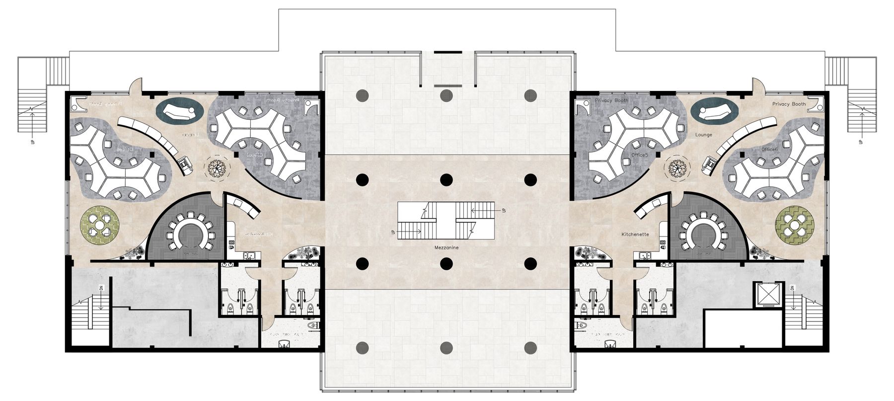 Second floor plan showing mirrored office pods, privacy booths, and a central mezzanine over the atrium