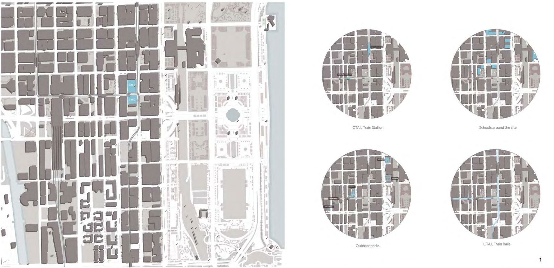 Site analysis diagrams showing the CTA L train station, schools, outdoor parks, and rail lines around the site