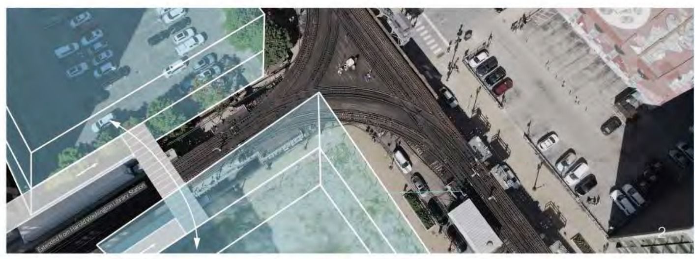 Aerial sketch of the building volume extending from the Harold Washington Library Station along the elevated tracks
