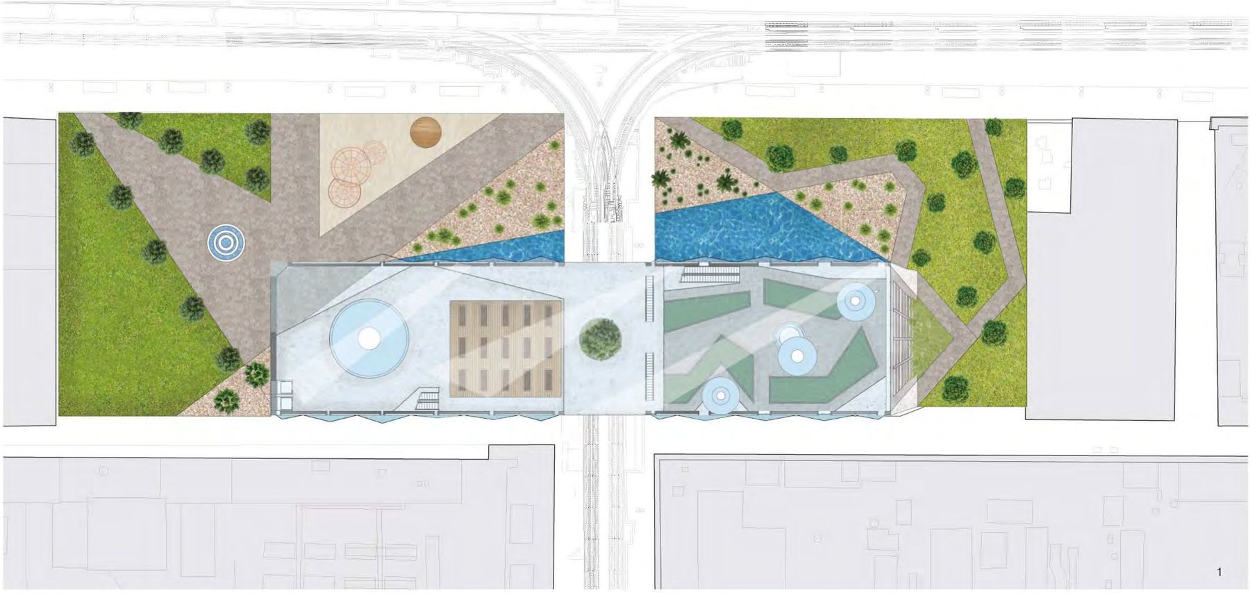 Site plan showing the building straddling the elevated tracks with water gardens on either side