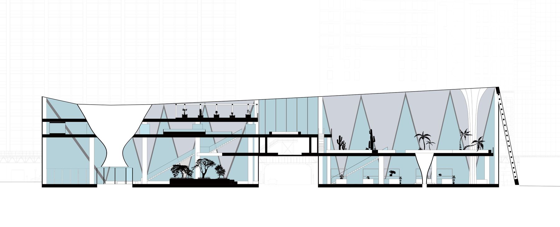 East city section cut showing the folded roof, funnel skylights, and interior planting