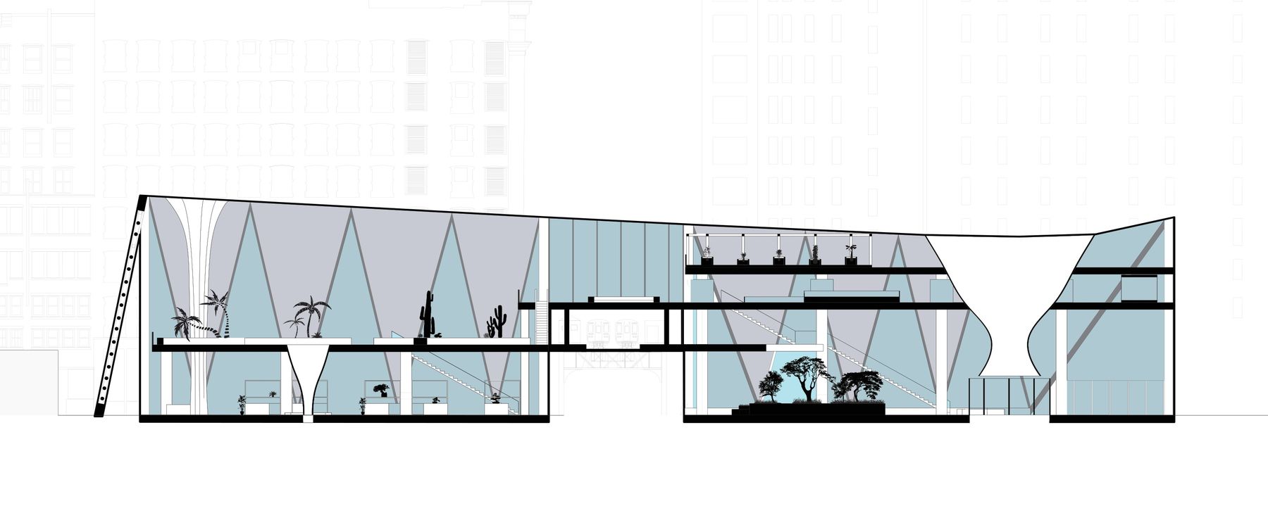 West city section cut showing the folded roof, funnel skylights, and interior planting