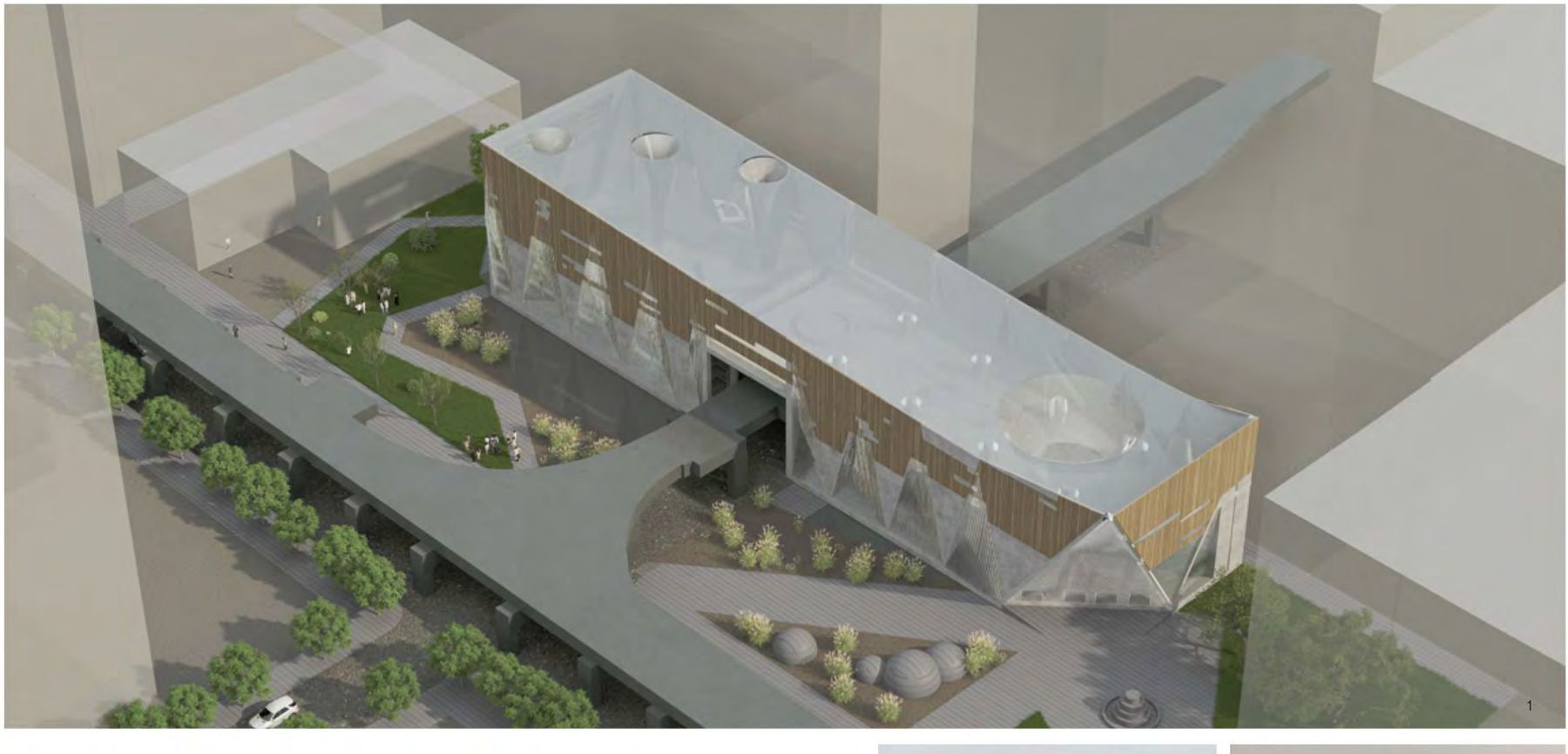 Bird's-eye exterior rendering of the building among Loop rail infrastructure