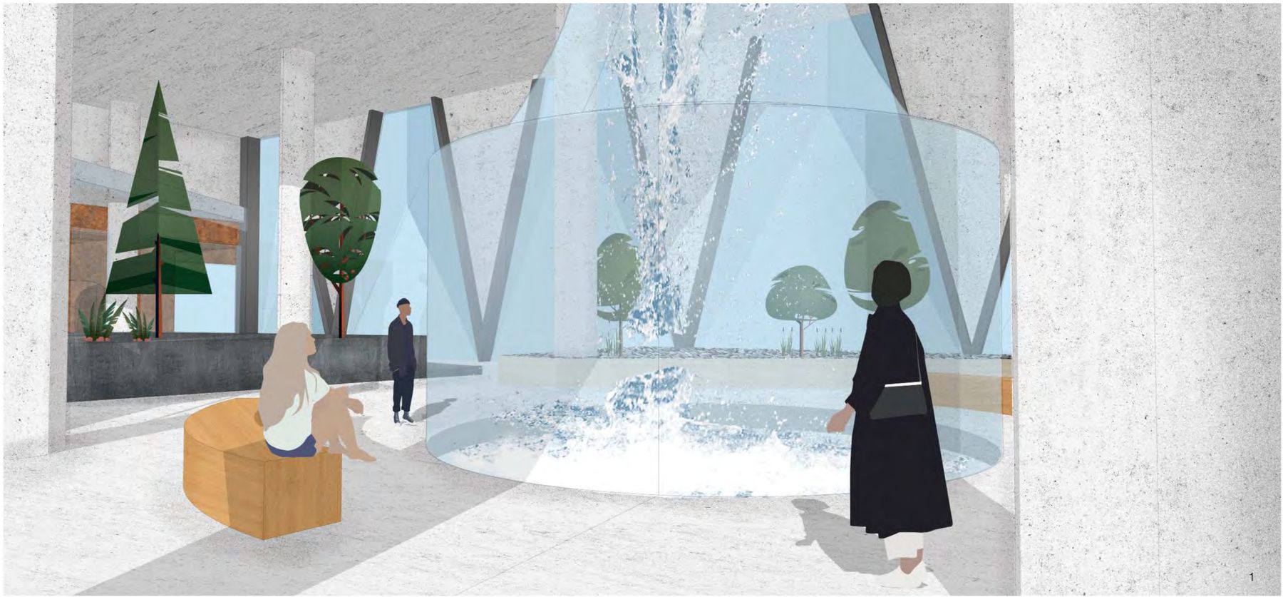 Interior rendering of a glass-walled fountain at the ground floor, with visitors watching water fall