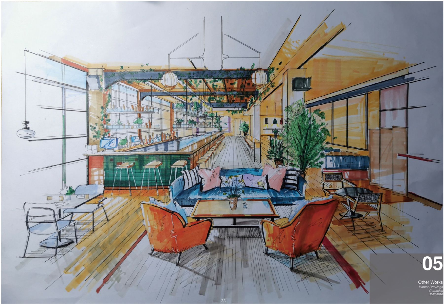Marker rendering of a lounge and bar interior