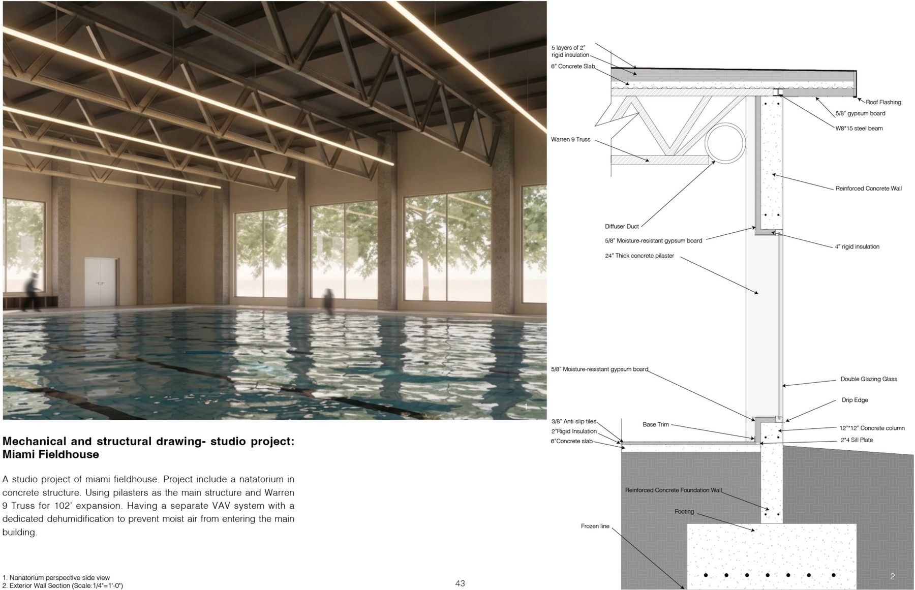 Interior rendering of the Miami Fieldhouse natatorium alongside a detailed exterior wall section drawing