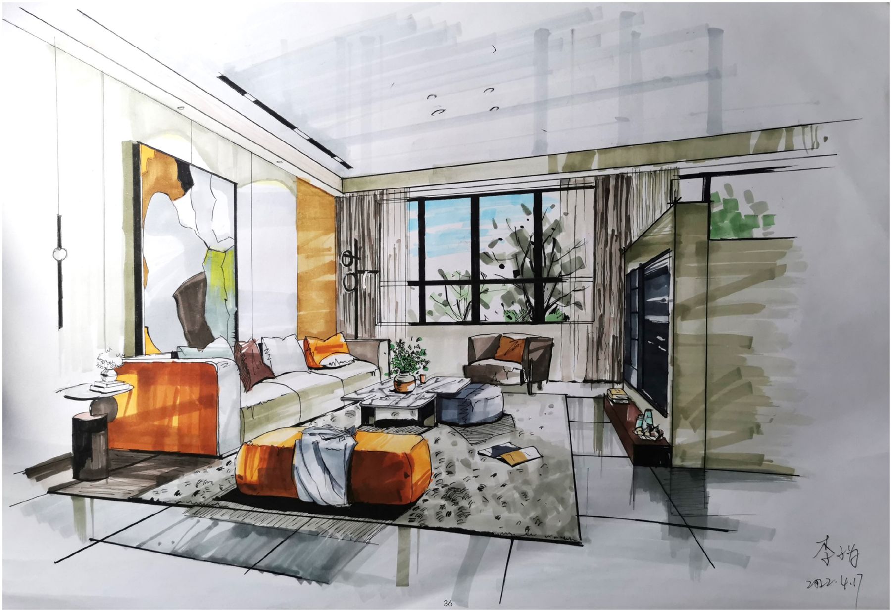 Signed marker rendering of a residential living room with an orange sectional sofa and a large abstract painting