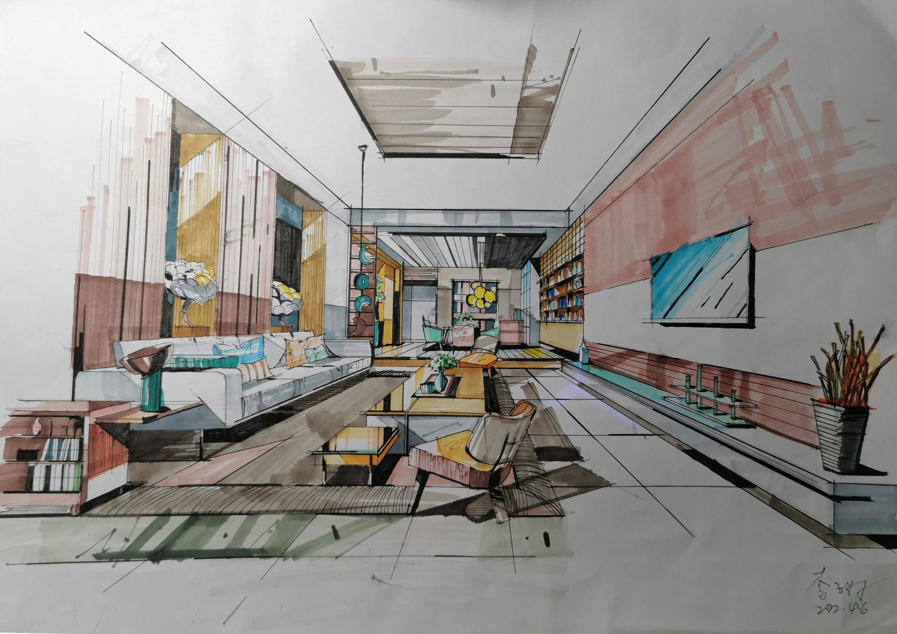 Signed marker rendering of a living room with a pink accent wall, built-in bookshelf, and wall-mounted TV