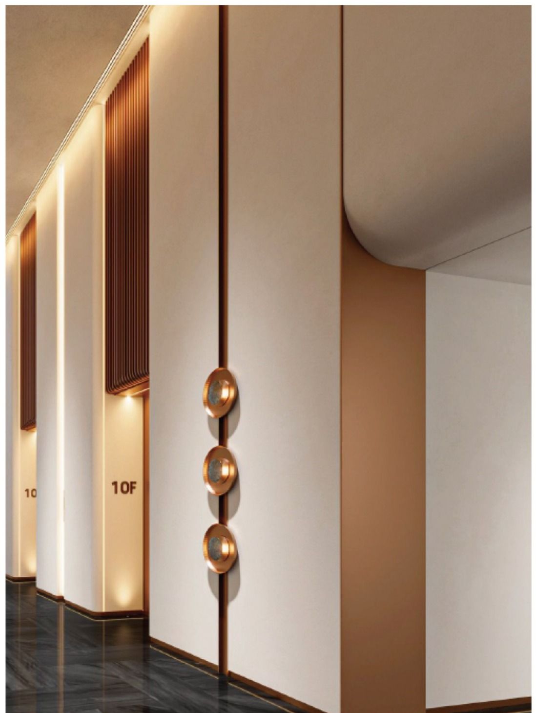 Rendering of a hotel corridor with bronze stainless steel trim and wall sconces along a curved column