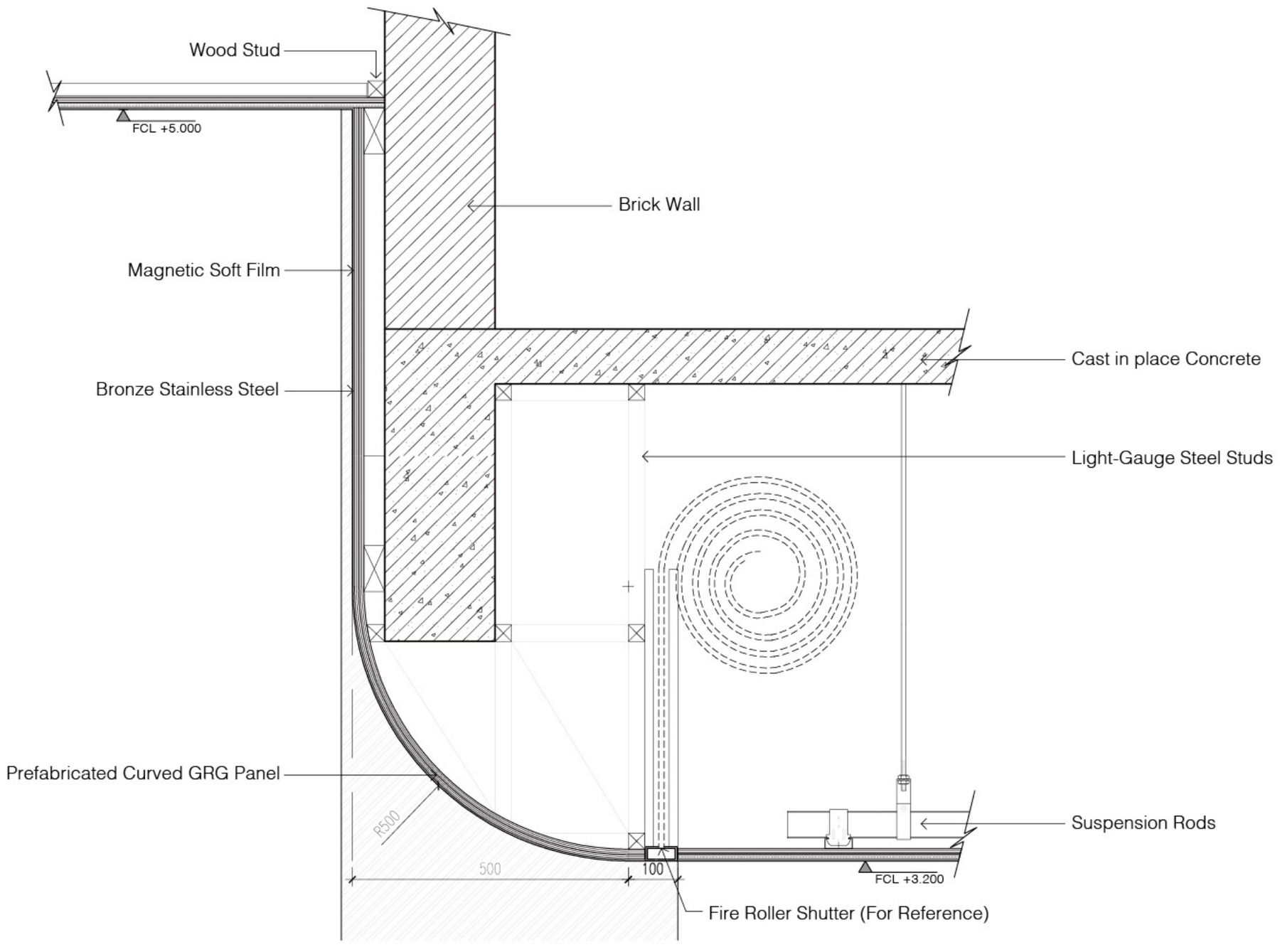 Construction detail drawing of the curved corridor ceiling, brick wall, and light-gauge steel stud assembly