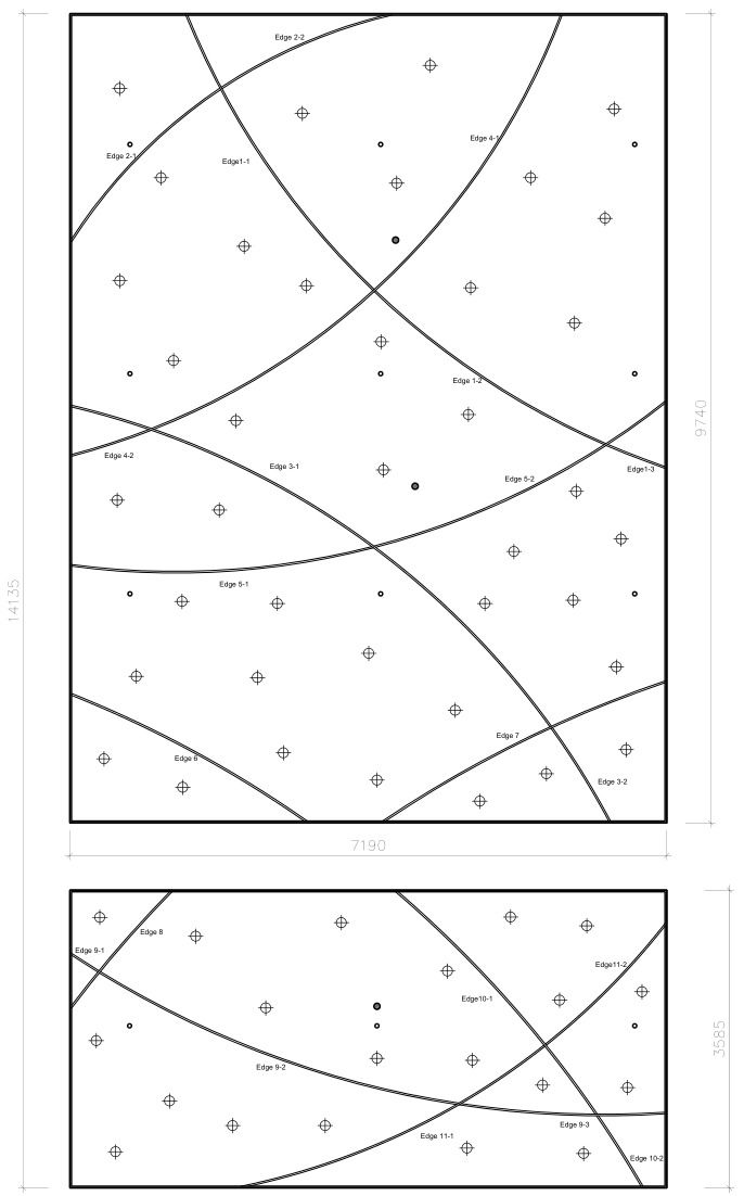 Reflected ceiling plan showing the stainless steel edge trim layout and dimensions across the curved ceiling